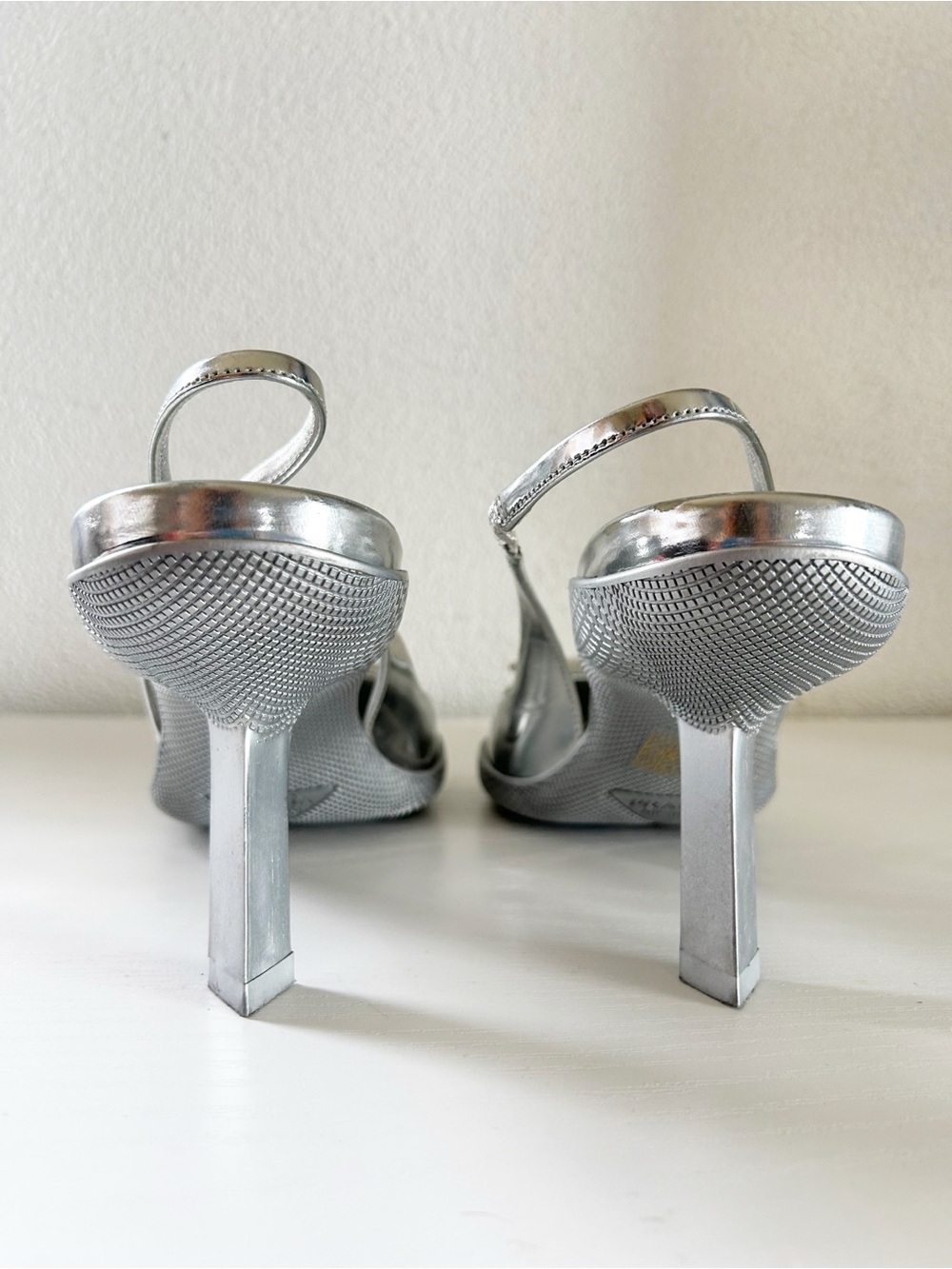 Prada Silver Metallic Slingback Heels Triangle Logo Size EU 41 - Picture 11 of 15